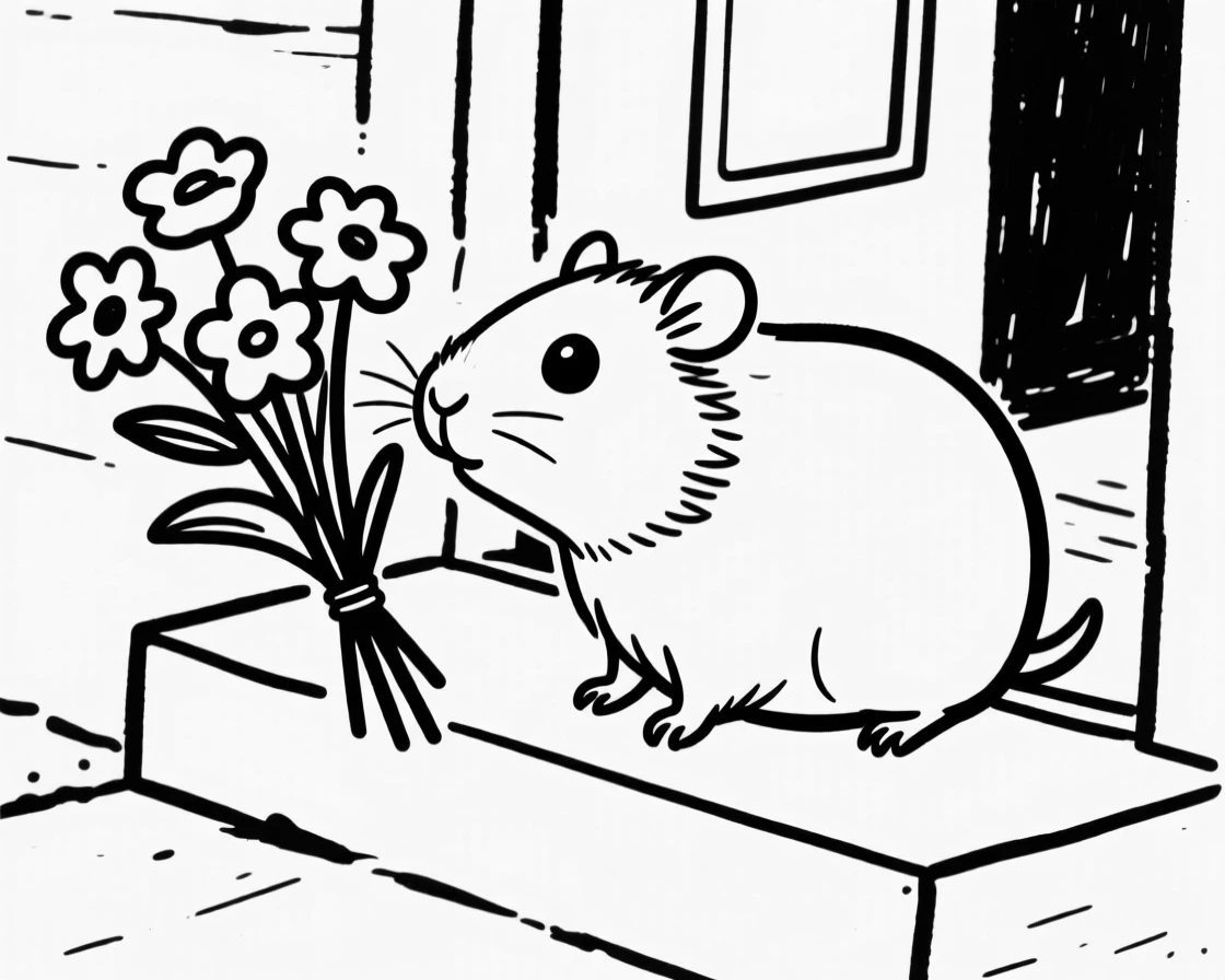 A guinea pig sniffing a bouquet of flowers on a doorstep, nose twitching.