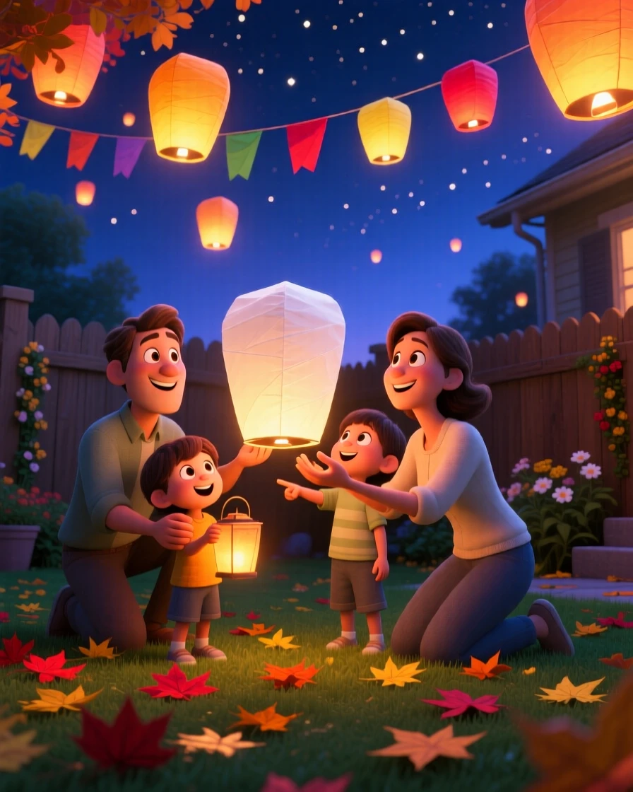 A family setting off paper lanterns into the night sky happens in a backyard strung with paper lanterns, with colorful fallen leaves scattered underfoot. A bright, merry energy fills the entire scene.
