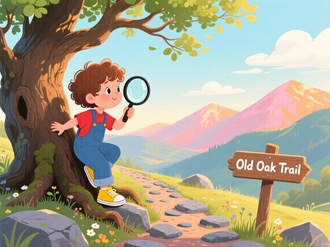 A child with a magnifying glass spends the day climbing an old oak tree to look at the view through a rocky mountain trail, with distant mountains glowing in the morning light.