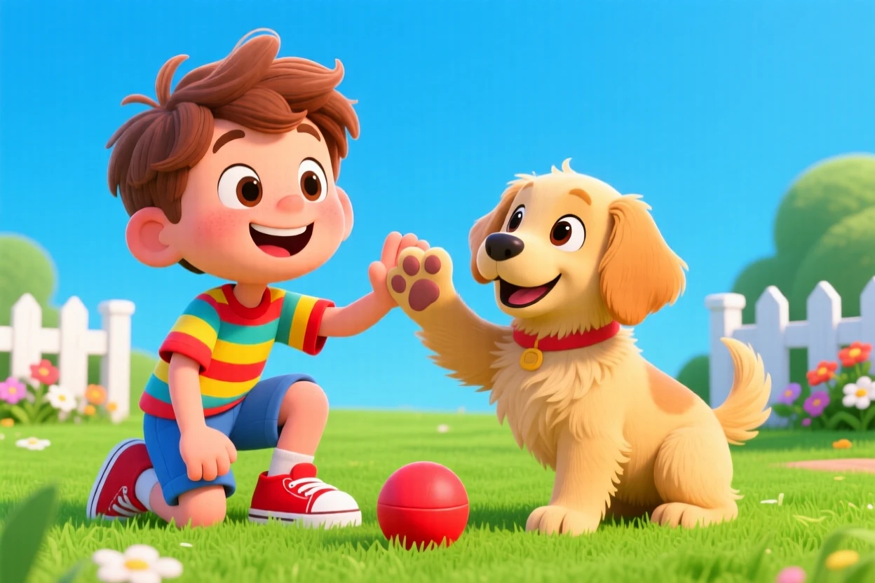 A boy teaching his puppy to shake hands on the front lawn.