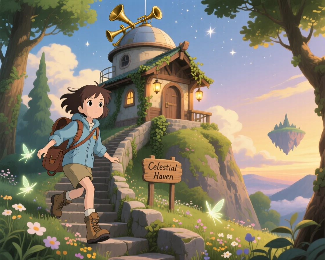 An explorer climbing toward a mountaintop observatory, the moment brimming with discovery.