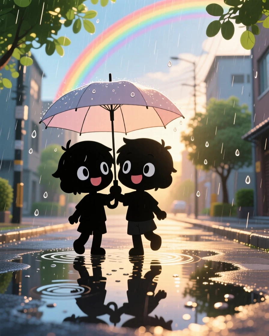 Silhouette composition of two best friends, sharing a single umbrella in the rain, in a puddle-lined street, under a rainbow after the rain, illuminated by warm morning light filtering through leaves, radiating giggling amusement.