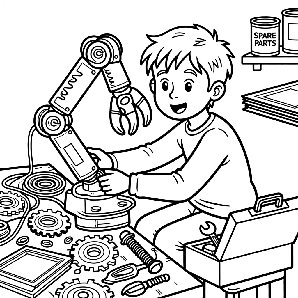 A young inventor building a robot arm from recycled parts