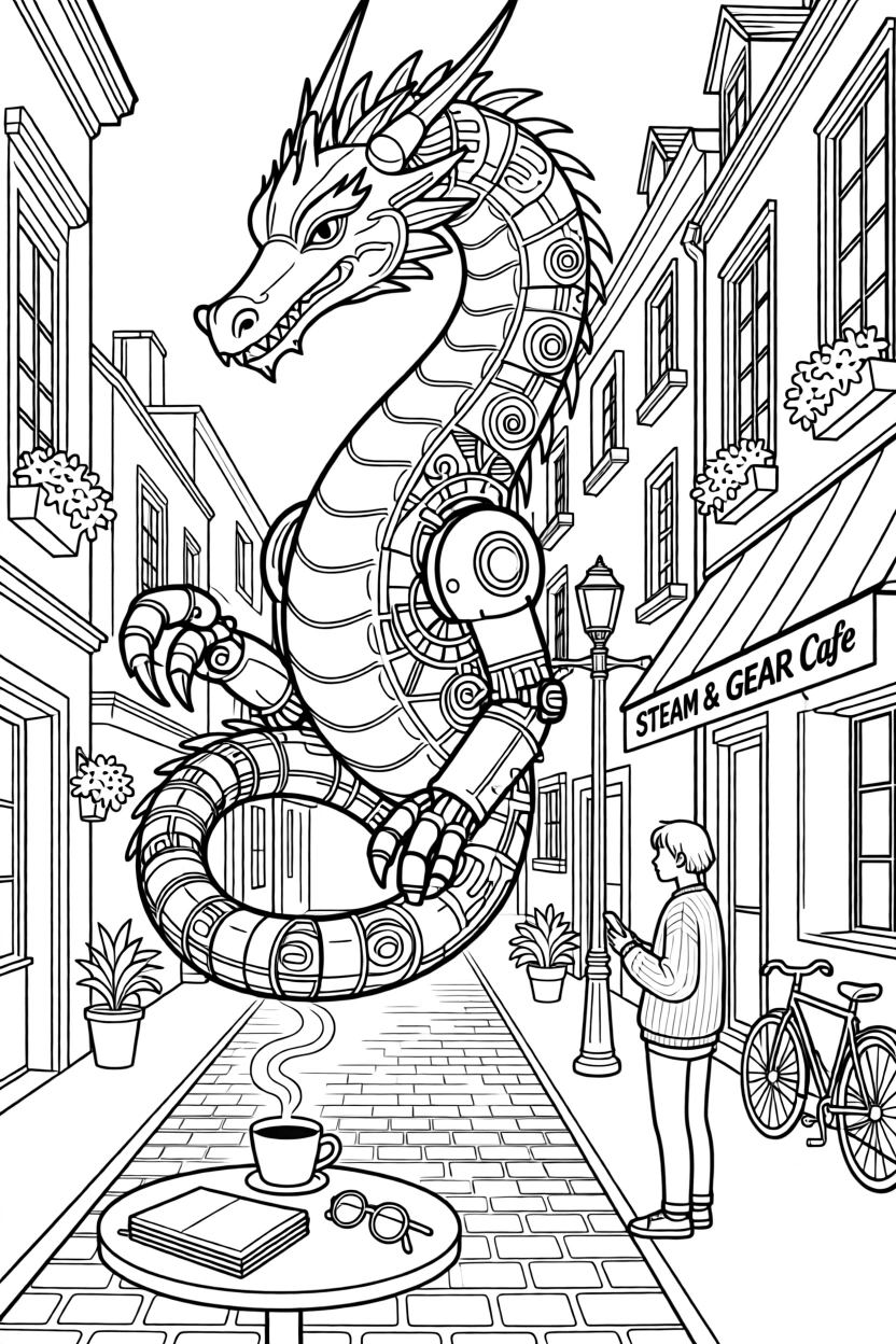 A giant mechanical dragon towering over a cobblestone street, with a cup of coffee steaming nearby.