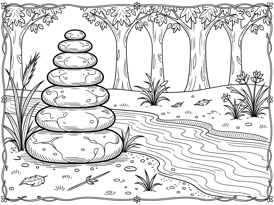 A set of smooth river stones stacked beside a trickling creek.