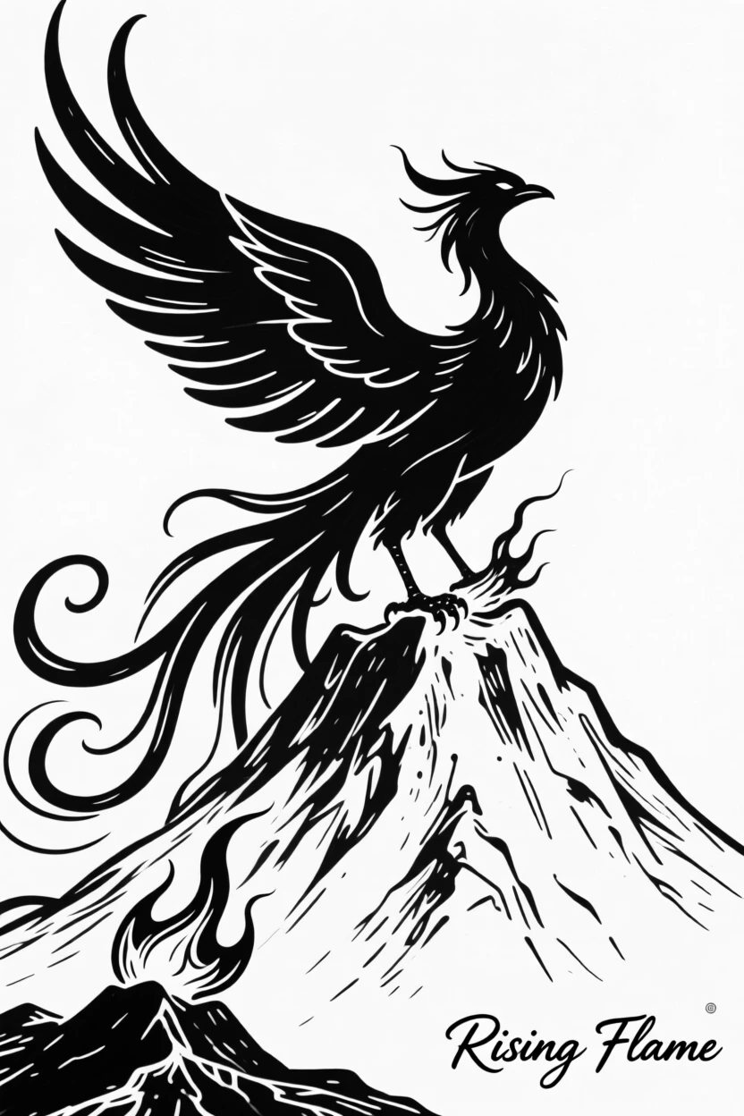 A colossal phoenix rising from a volcanic mountain in a burst of flame.