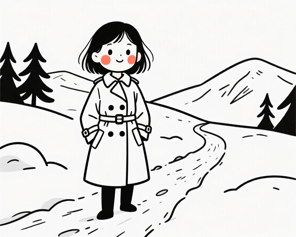 A seven-year-old girl of Norwegian heritage in a vintage-inspired trench coat, full of curious wonder, on a snowy mountain trail.