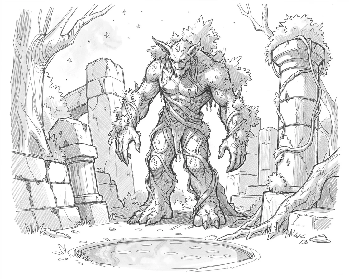 A mystical forest guardian made of vines and moss, amid ancient ruins overtaken by nature, with stars reflected in still water.