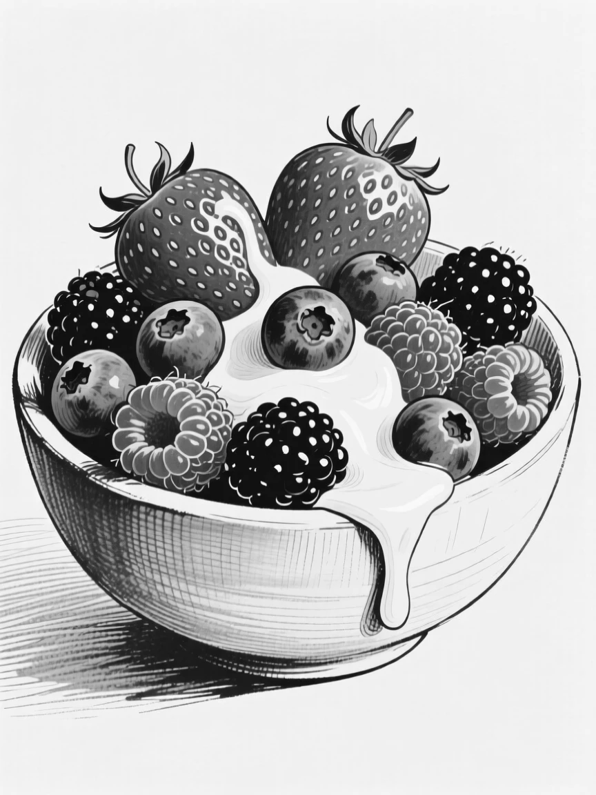 A bowl of fresh mixed berries drizzled lightly with cream.