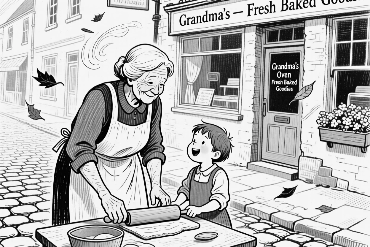 A grandmother baking with her grandchild along a quiet cobblestone street, with leaves drifting past them in the wind, creating a full of gentle warmth lifestyle scene.