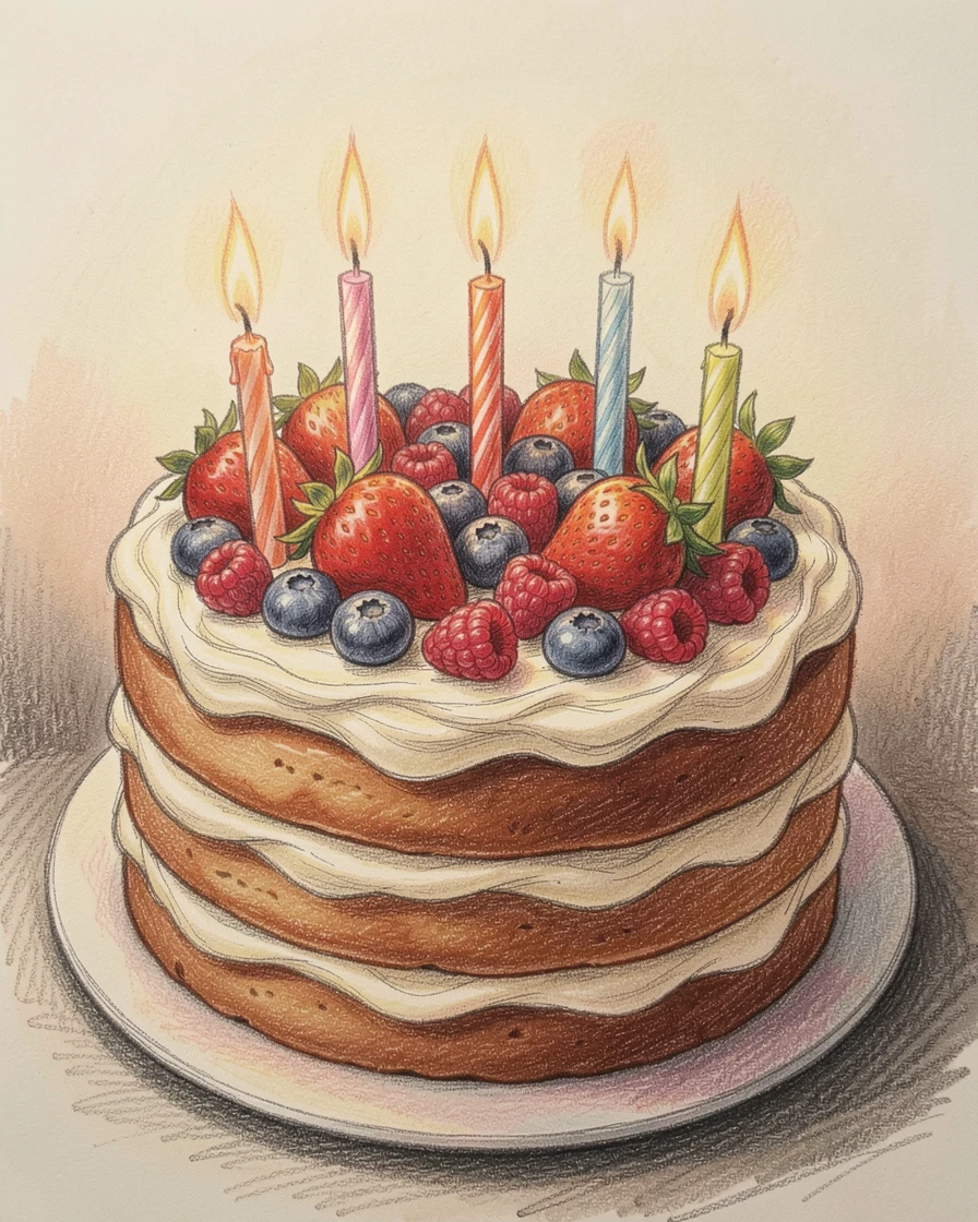 A birthday cake topped with lit candles and fresh berries, set against a softly lit, atmospheric backdrop, designed to feel inviting, memorable, and shareable.