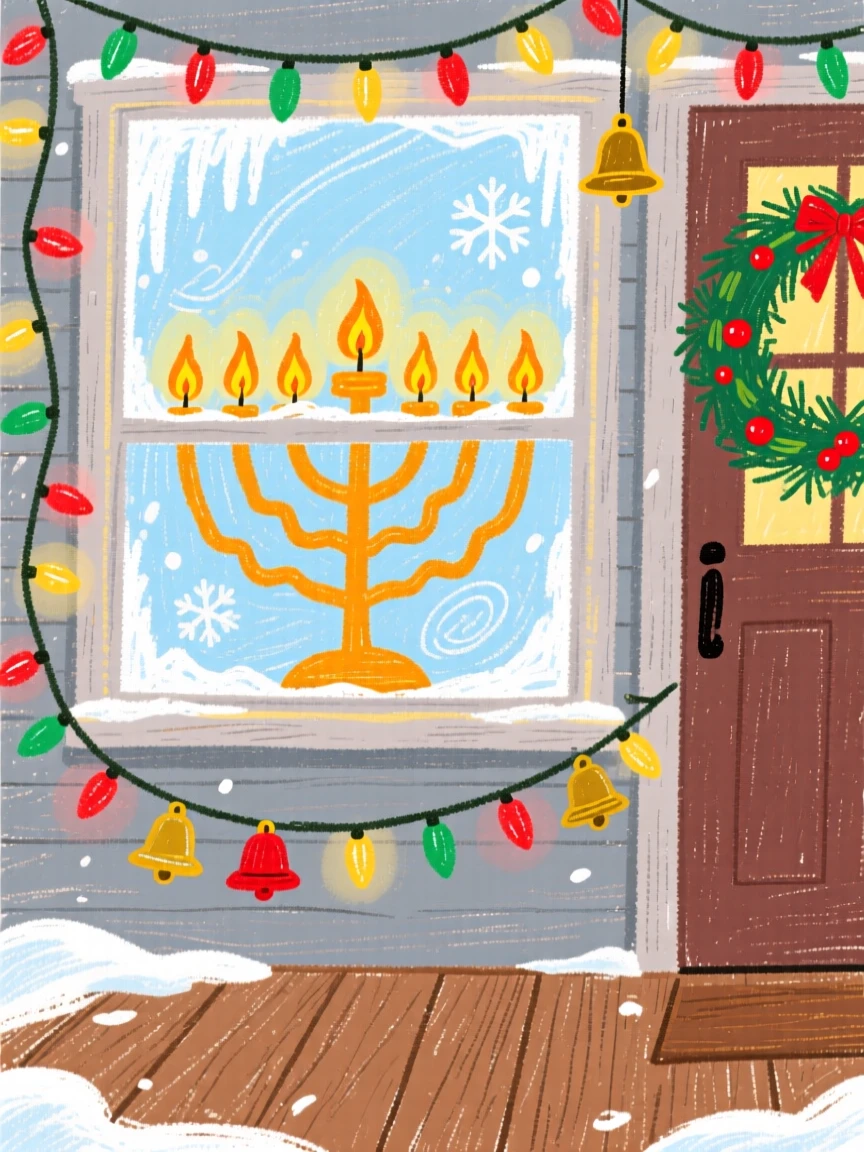 A menorah in a frosted window set on a porch decorated for the season.
