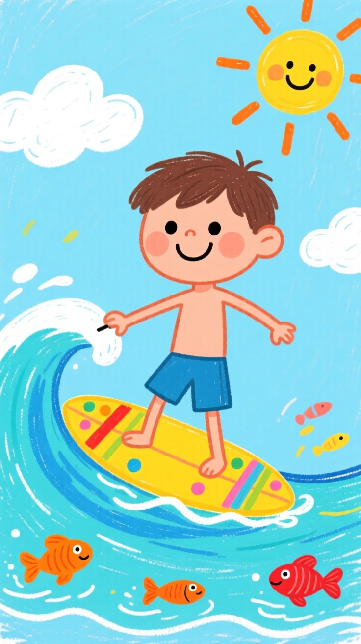 A boy learning to surf on a small gentle wave.