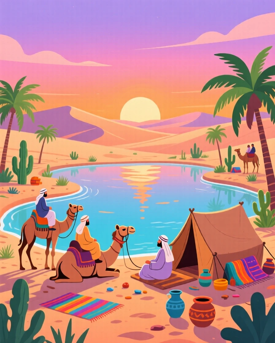 A desert caravan resting beside an oasis at sunset, surrounded by a lively, colorful atmosphere, composed with a postcard-worthy balanced perspective, with a joyful, adventurous atmosphere.