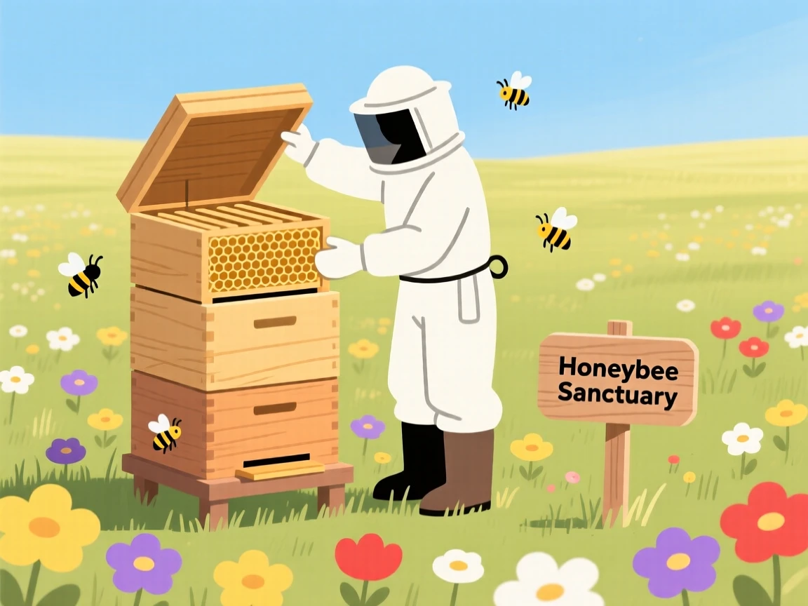 A beekeeper checking on hives in a sunny flower-filled meadow.