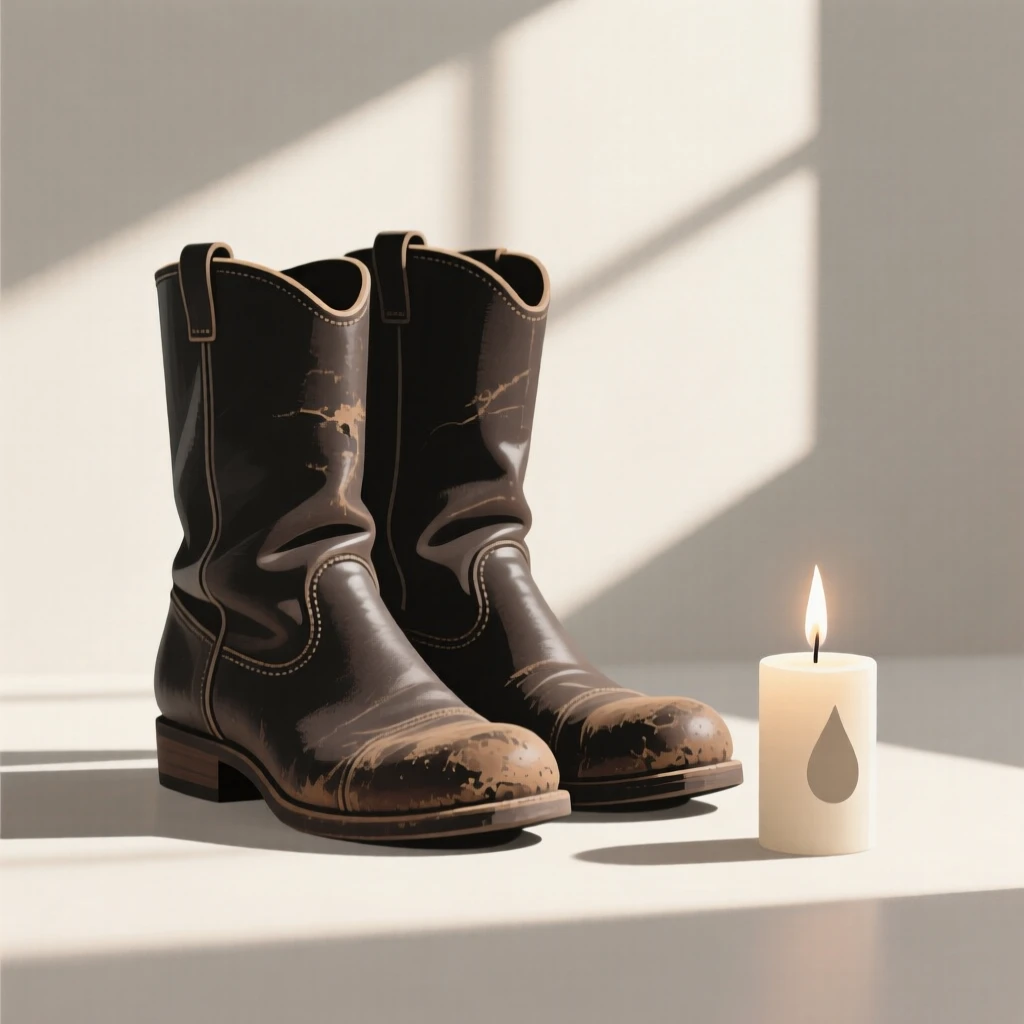A pair of worn leather boots resting on a sunlit study, surrounded by a burning candle, evoking understated elegance.