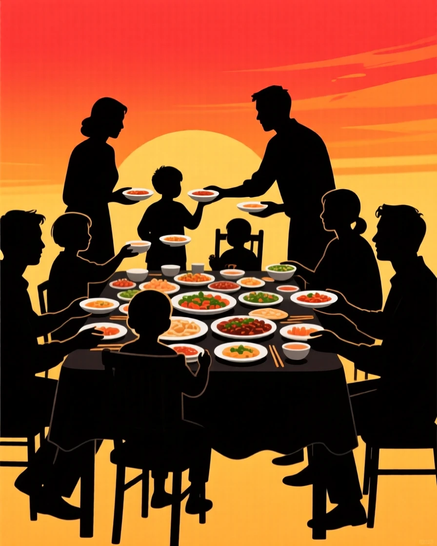 A large family passing dishes around a crowded dinner table.