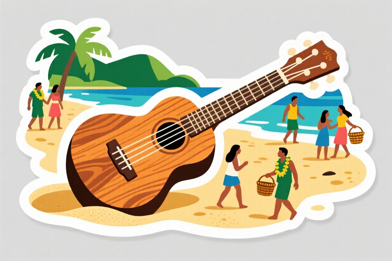 A vibrant and inviting Hawaiian ukulele resting on a sandy beach, with locals going about their day, during a memorable journey abroad.
