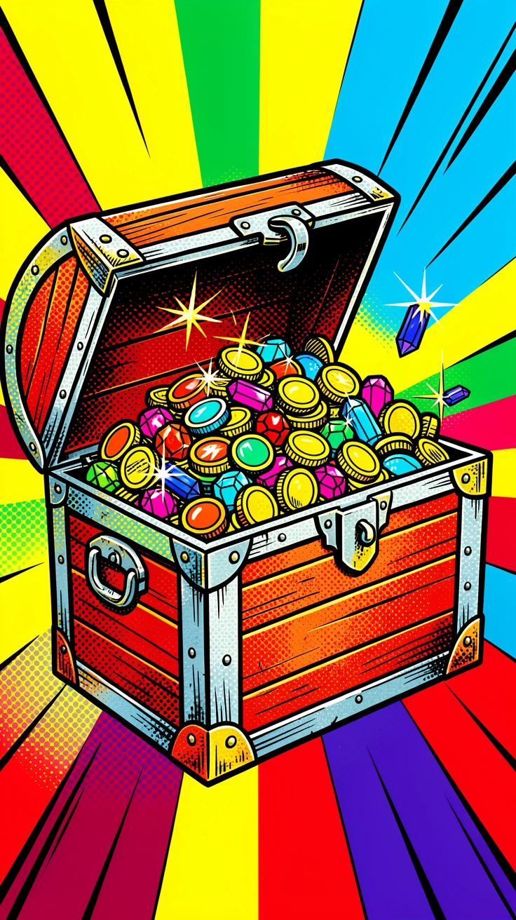 A weathered treasure chest overflowing with coins and jewels