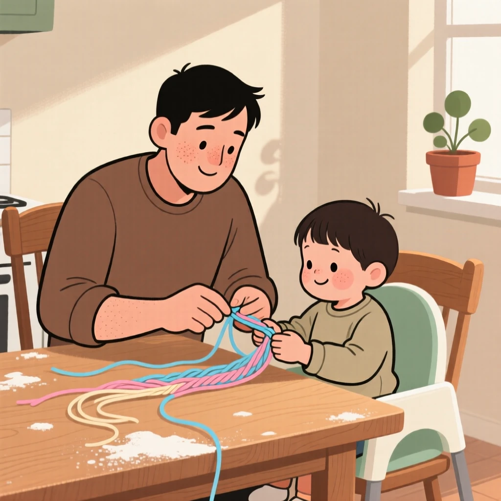 A father teaches a curious toddler how to braid a friendship bracelet at the kitchen table while flour dusts the wooden table, both focused and smiling.