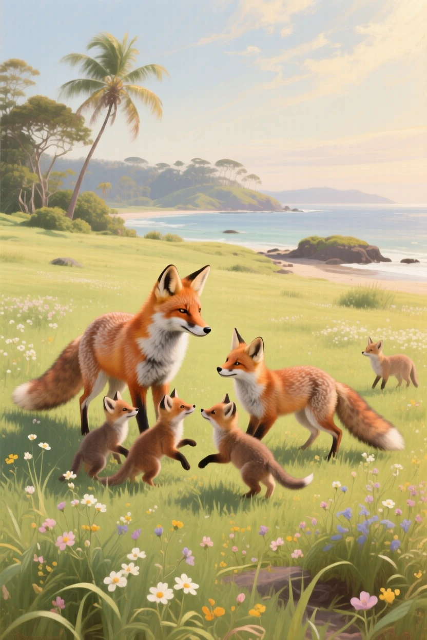 A wide establishing shot of a family of foxes playing at the edge of a sunlit meadow, on a Pacific island, as spring blossoms open, in bright warm sunshine.