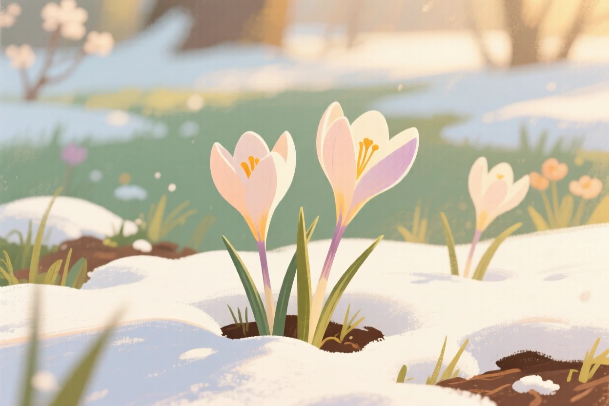 A spring garden bursting with crocuses pushing through melting snow