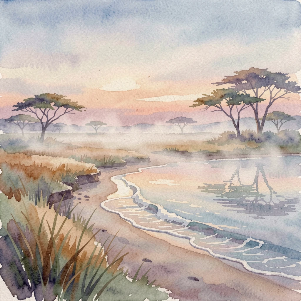 A savanna at dusk with morning mist rising with gentle waves lapping the shore.