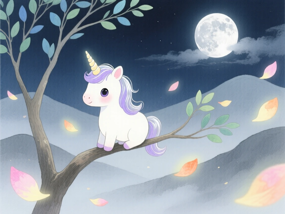 A tiny baby unicorn perches on a moonlit branch in a misty mountain valley, surrounded by softly glowing petals