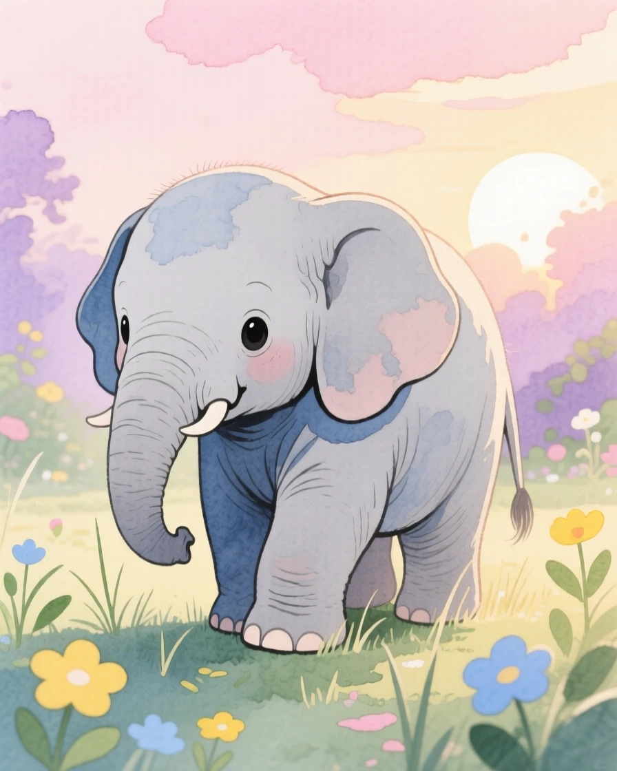 A close-up portrait of a wobbly baby elephant in a quiet garden at dawn.