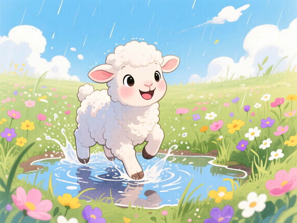 A baby lamb splashing happily in a puddle after rain, set in a meadow bursting with wildflowers under a blue sky, showing unconditional love and loyalty.