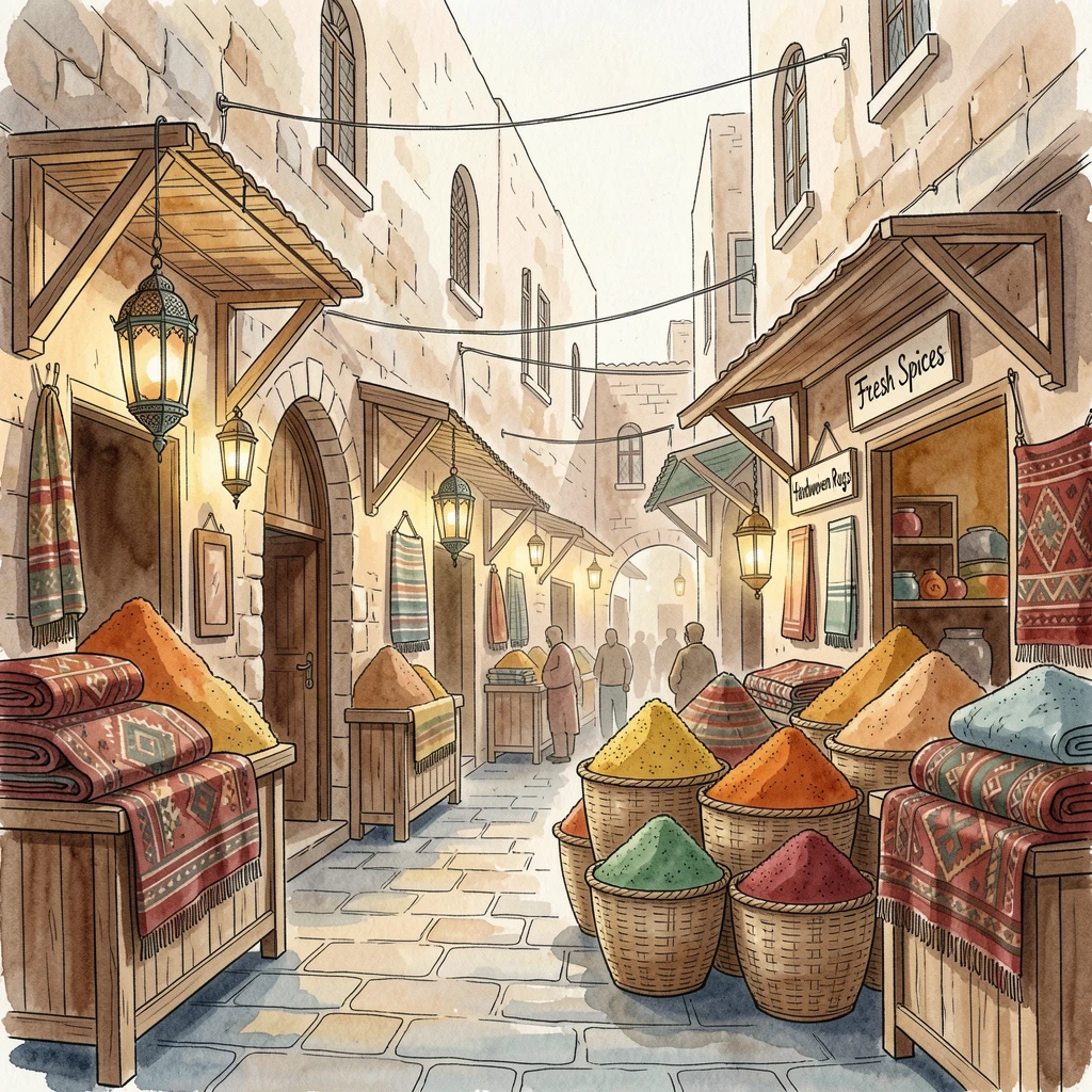 A busy souk lined with lanterns, rugs, and stacks of spices, the streets quiet in the soft light of early morning.