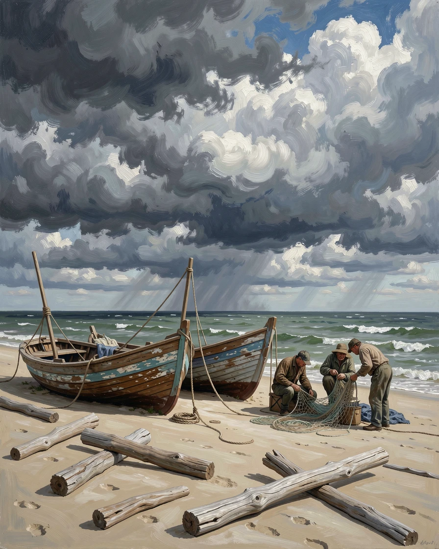 Beside a scattering of smooth driftwood, a wide, empty sandy beach, fishermen mending their nets beside beached boats, under a dramatic sky with storm clouds rolling in over the sea.