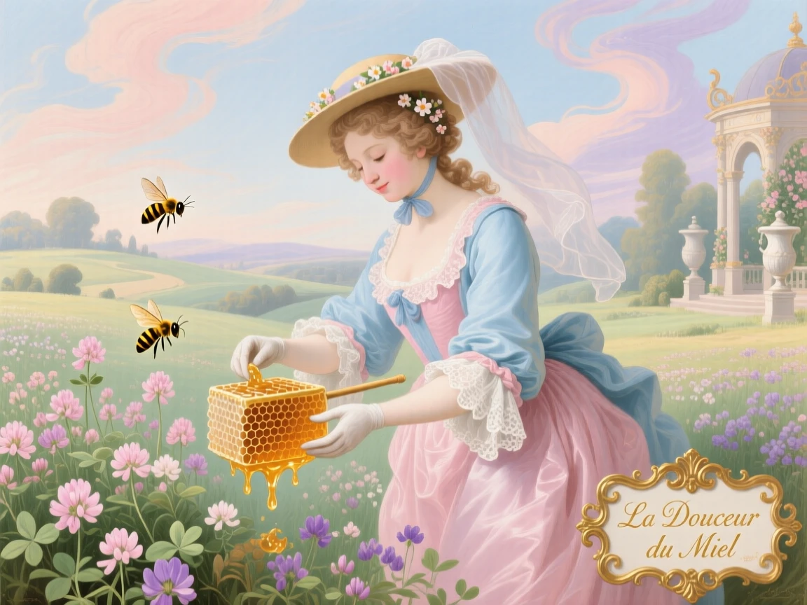 A beekeeper collecting honey beside fields of flowering clover  