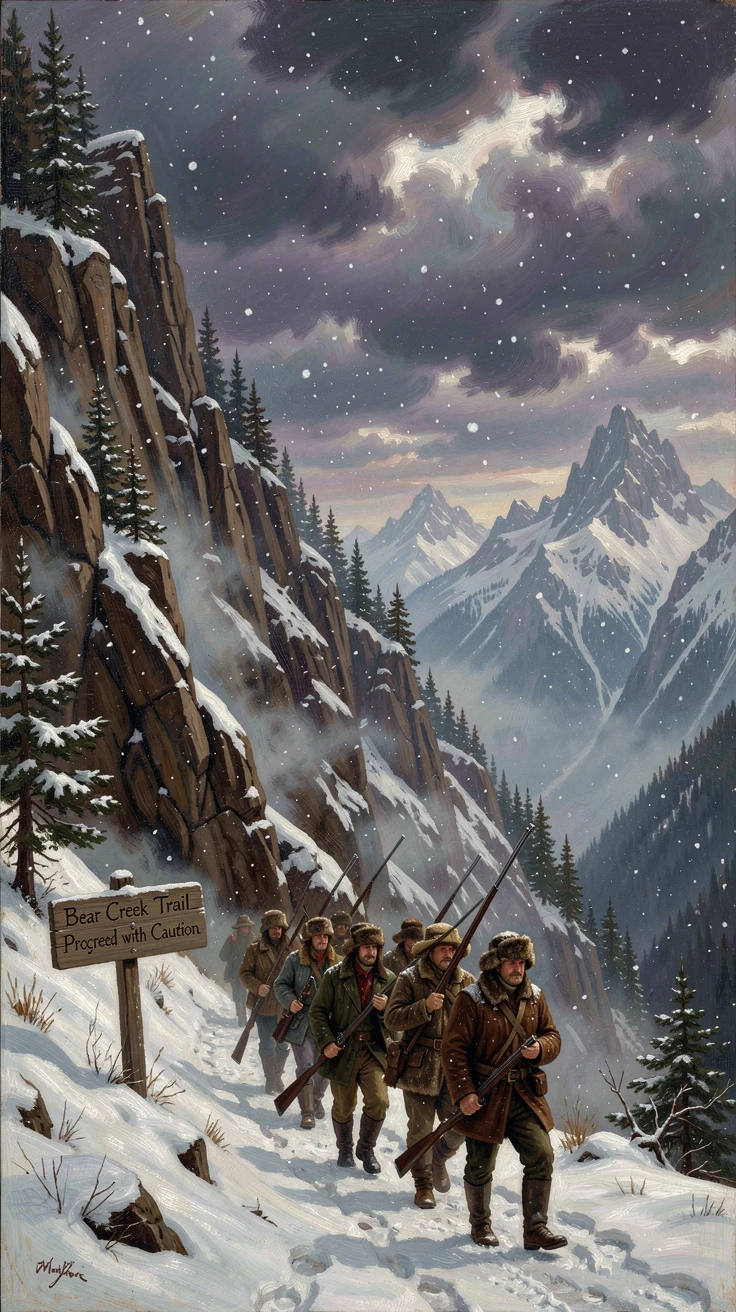 A band of hunters crosses a trail cut into the mountainside while snow begins to fall.