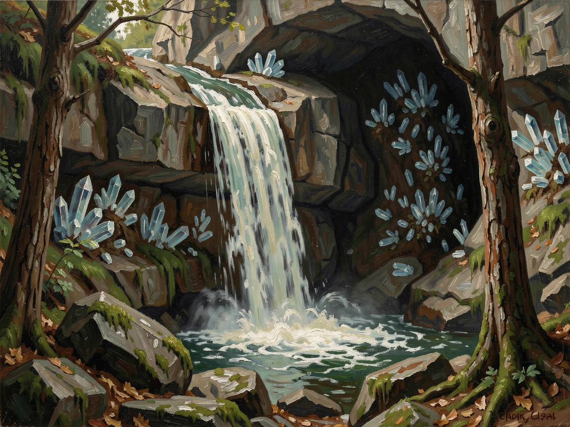 A hidden waterfall cascading into a glowing crystal-lit cave, rendered with photorealistic detail to feel genuinely believable, designed to captivate the imagination while feeling grounded in realism