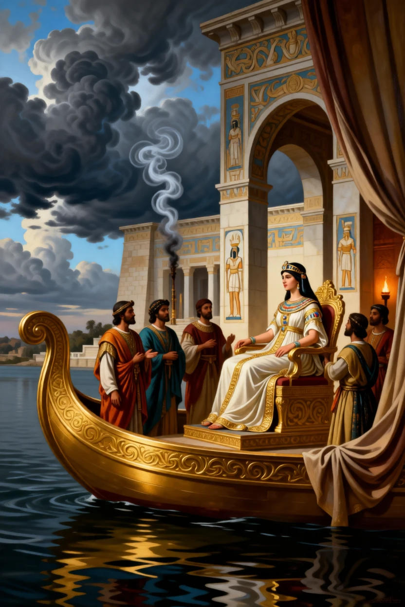 Cleopatra receiving envoys aboard her golden barge on the Nile as thunder rolls across a darkening sky, set within a torch-lit palace hall of gleaming stone, as smoke from ceremonial braziers curls upward past carved friezes; sweeping drapery and gesture guide the eye across the whole scene, filled with reverence for legend made flesh.