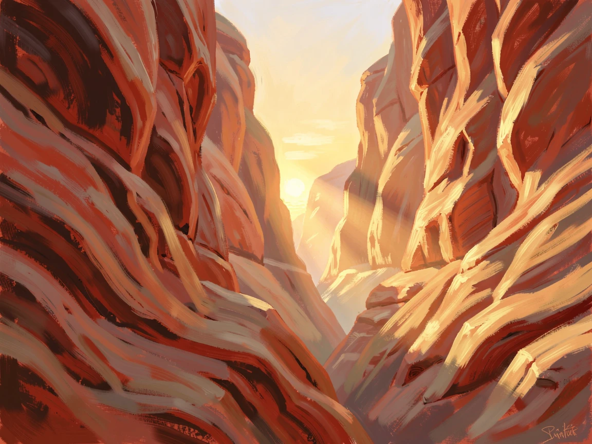 A glowing sunset breaking through a canyon slot, illuminating swirling red rock walls, at golden sunrise.