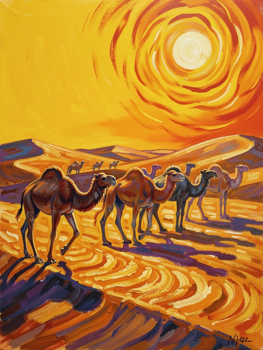 A herd of wild camels crossing golden dunes beneath a blazing desert sun.