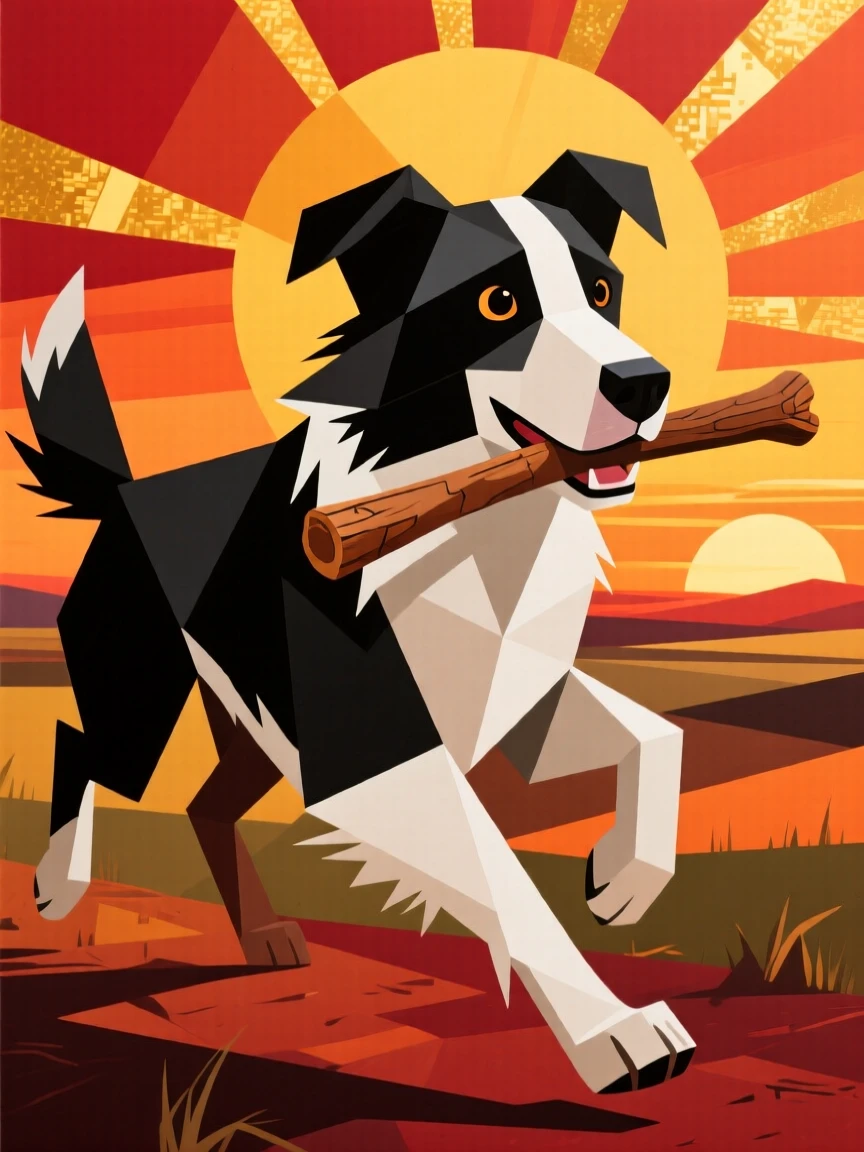 A charming portrait of a spirited border collie trotting proudly with a stick in its mouth, just before sunset.