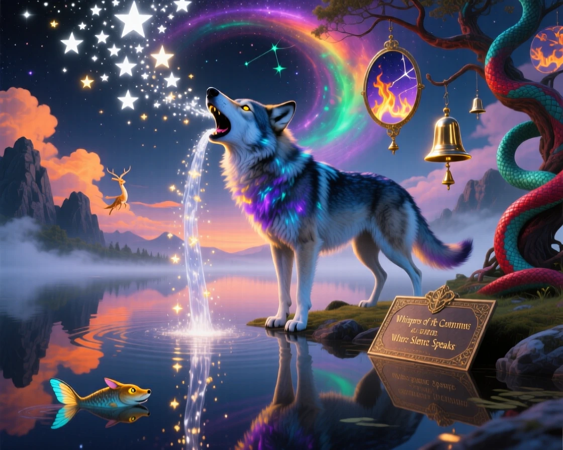 A wolf howling while stars pour from its open mouth wanders along the edge of a mirror-smooth lake, while soft chimes seem to ring with each of its movements.