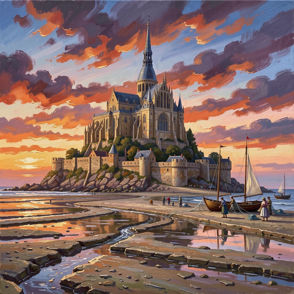 Mont Saint-Michel rises from tidal flats on the French coast, its Gothic spires silhouetted against a dramatic sunset sky, local life visible in the background, adding a quiet sense of authenticity to the scene.