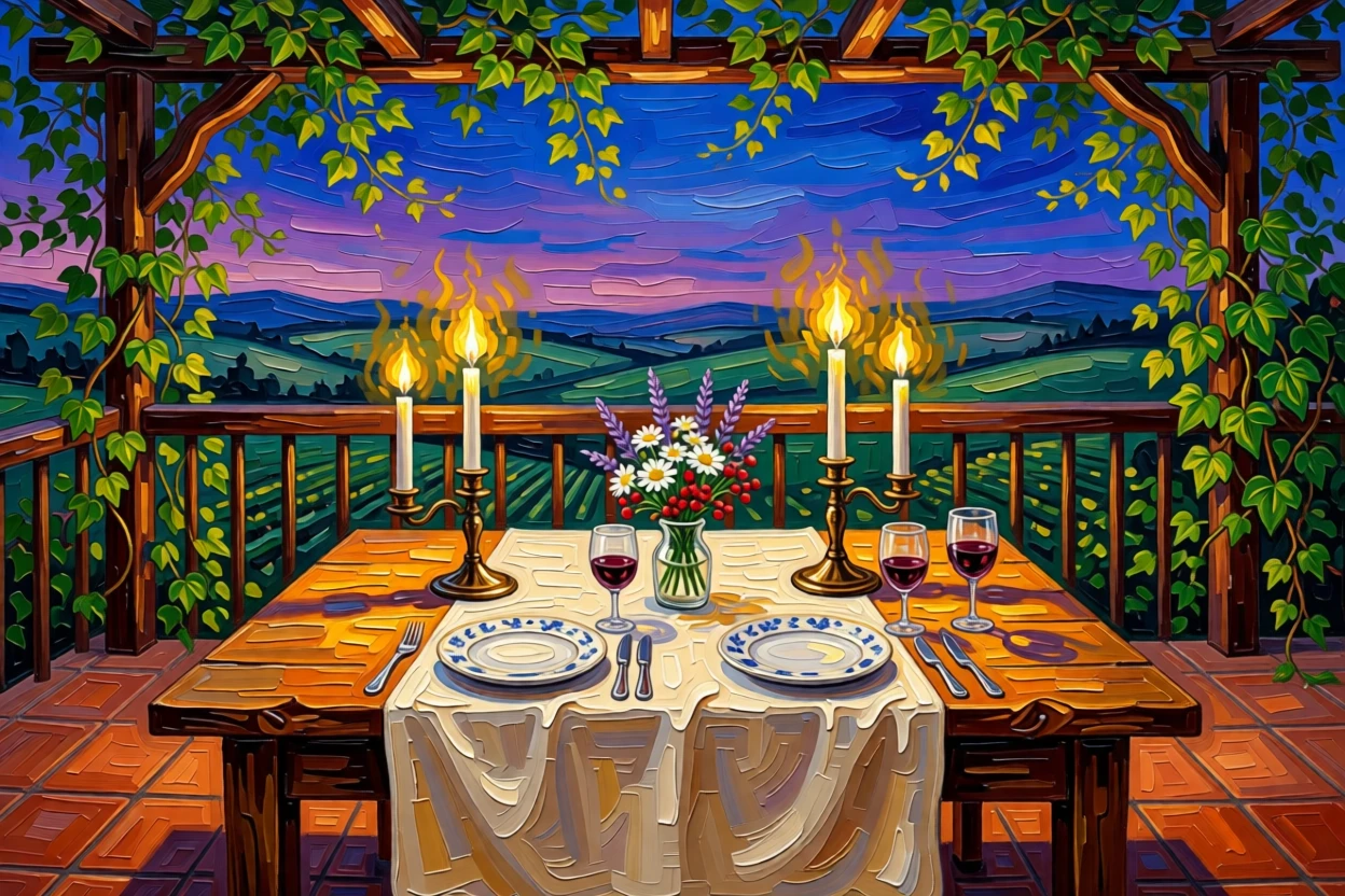 A candlelit dinner table set for two on a vine-covered terrace overlooking rolling hills