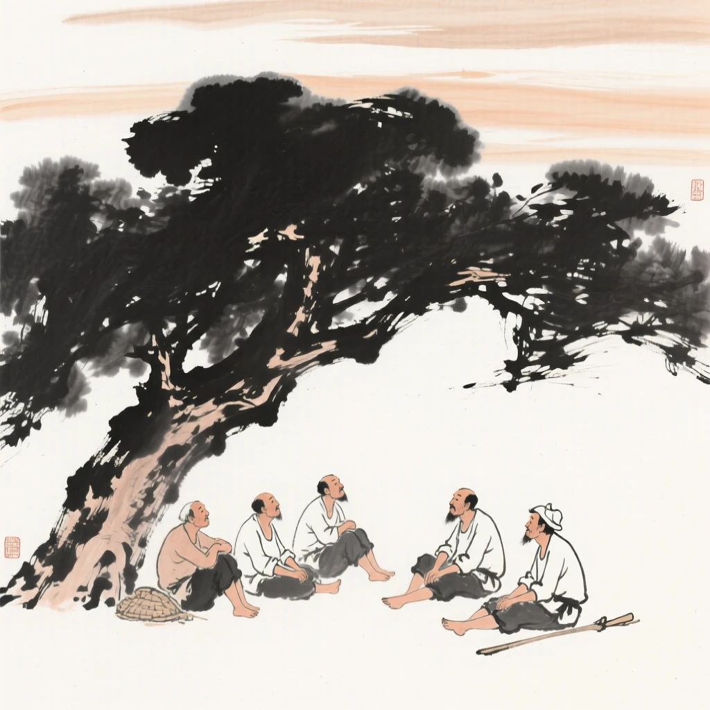 A group of farmers rests beneath a shade tree during the midday heat, beneath a sky streaked with the colors of early morning.