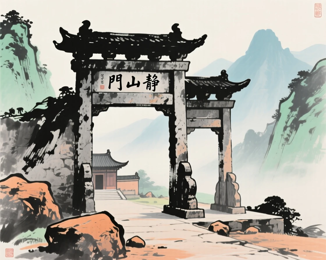 An ancient archway marking the entrance to a mountain shrine, imbued with timeless calm.