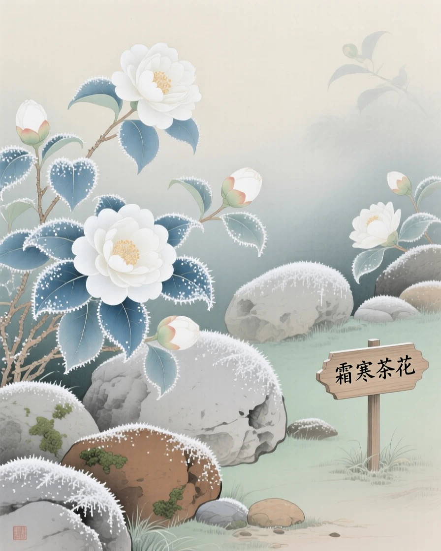 Camellias dusted with morning frost scattered across smooth garden stones