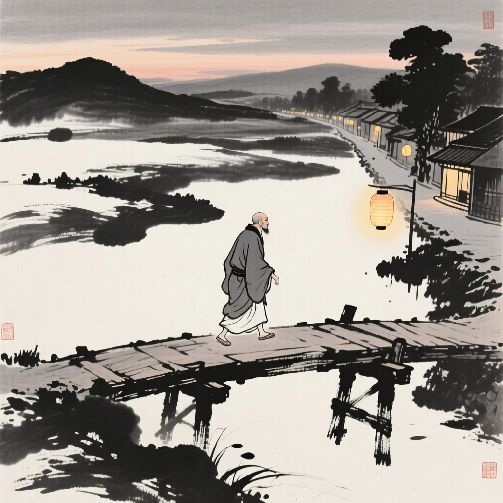 A wandering scholar crossing an old wooden bridge at dusk along a lantern-lit street at dusk, framed small within a vast, quiet landscape, capturing an everyday moment full of gentle humanity.