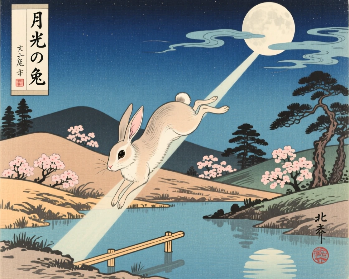 A moon rabbit descending on a beam of soft moonlight.