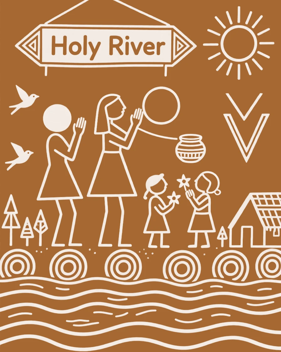 A family of worshippers at the banks of a holy river.