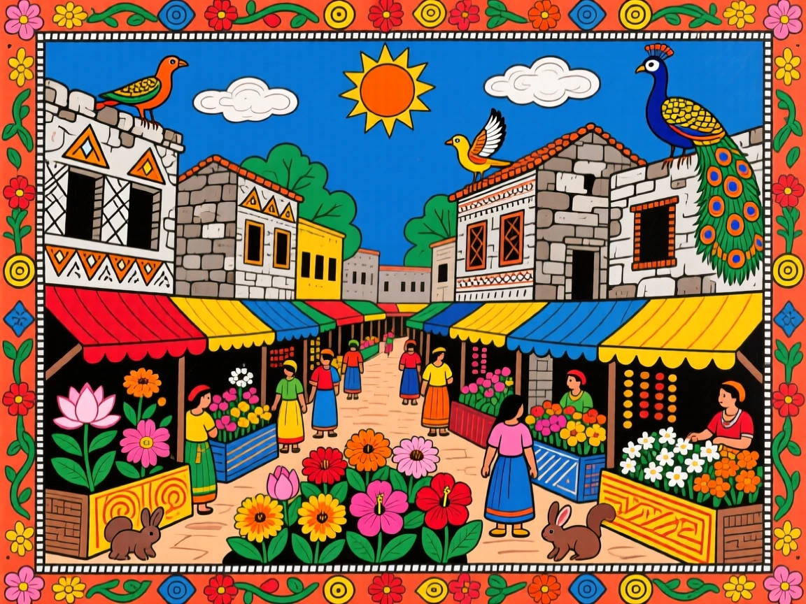 A market square filled with flower stalls beneath old stone buildings.