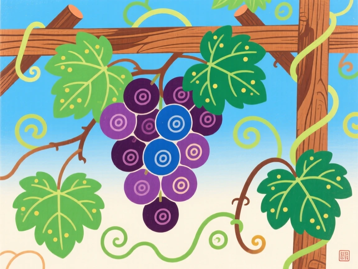 A cluster of ripe grapes hanging from a trellis, symbolizing abundance and fruitful years.
